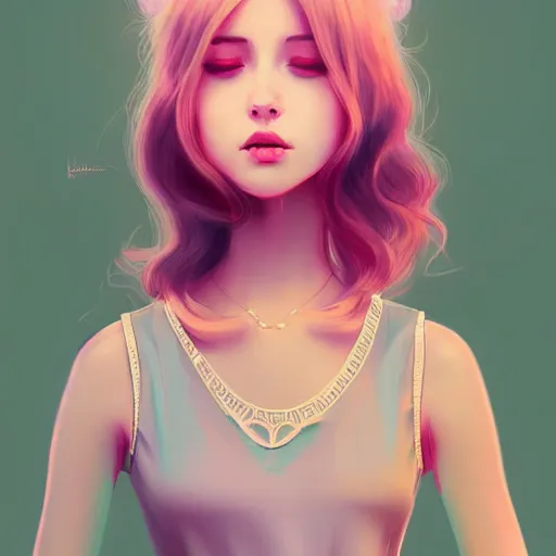 Image similar to adult female in summer dress art, pastel light pink very long hair, muted colors, matte print, pastel colors, ornate, digital art, digital painting, fan art, elegant, artstation, head is centered, by Ilya Kuvshinov