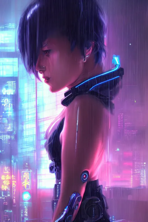 Image similar to portrait futuristic lovely cyberpunk female police, in heavy rainning futuristic tokyo rooftop cyberpunk night, ssci-fi, fantasy, intricate, very very beautiful, elegant, neon light, highly detailed, digital painting, artstation, concept art, soft light, hdri, smooth, sharp focus, illustration, art by tian zi and craig mullins and WLOP and alphonse mucha