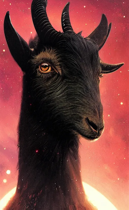 Image similar to a detailed portrait of a black goat in space, concept art, deep focus, intricate, highly detailed, digital painting, artstation, matte, sharp focus, illustration, art by greg rutkowski and alphonse mucha