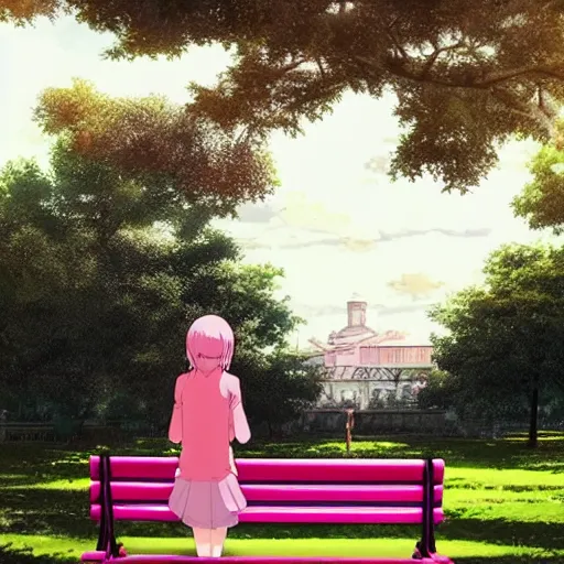 Prompt: a girl with pink hair in a school uniform sitting on a bench in a park, beautiful, perfect art, makoto shinkai