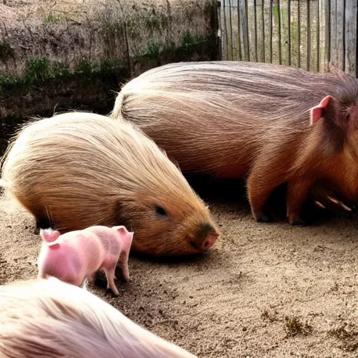 Prompt: two long haired capybara cuddle a pig