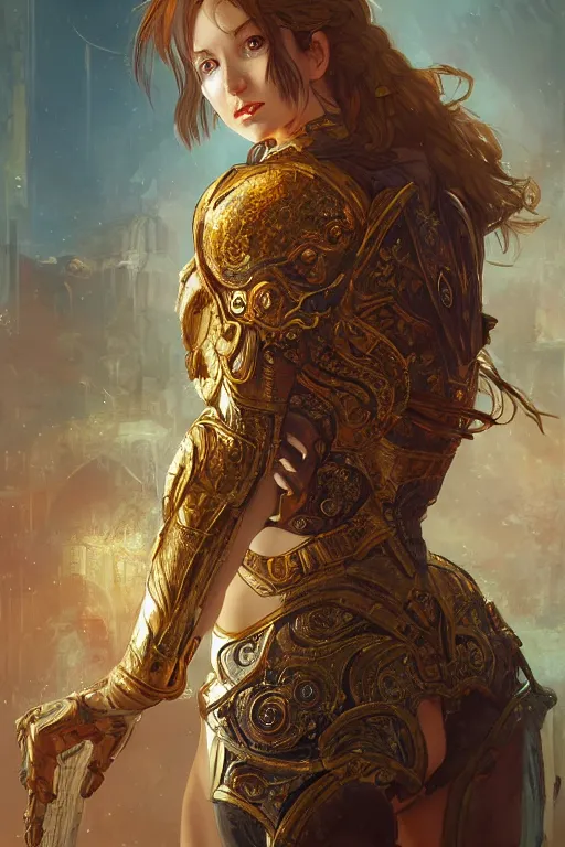 Image similar to portrait knights of Zodiac girl, golden and copper reflected armor, in ruined Agora of Athens, ssci-fi, fantasy, intricate, very very beautiful, elegant, highly detailed, digital painting, artstation, concept art, smooth, sharp focus, illustration, art by tian zi and WLOP and alphonse mucha