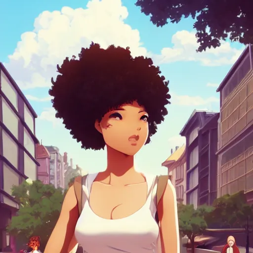 Prompt: a beautiful woman with Beautiful smile and afro hair , dark brown hair and tan skin, dark brown eyes, city landscape, 4k, anime key visual, lois van baarle, ilya kuvshinov, rossdraws, artstation