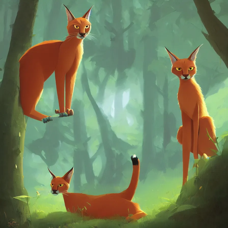 Image similar to Goro Fujita illustrating photo of a cate caracal in the woods, by Goro Fujita, ilustration, concept art, sharp focus, highly detailed, ArtStation