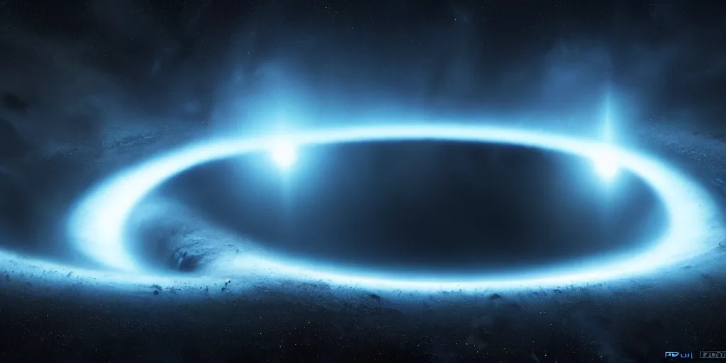 Image similar to giant glowing black hole in deep space, portal, day, ultra high definition, ultra detailed, sci - fi, dark fantasy, by paul chadeisson and denis villeneuve