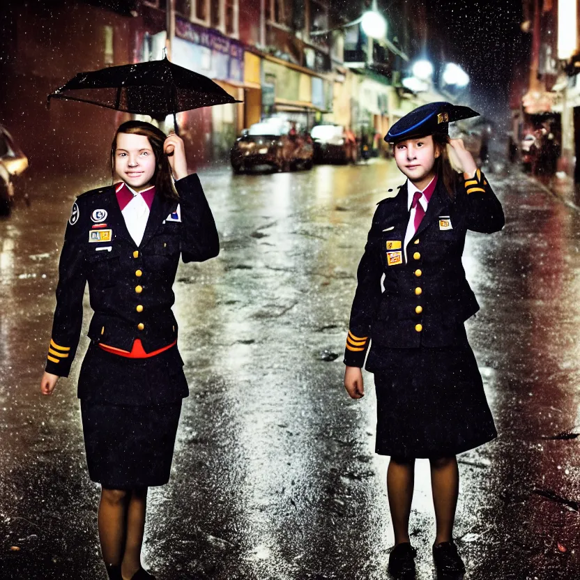 Image similar to night flash portrait photography of a high school girl in uniform on the lower east side by annie leibovitz, colorful, nighttime!, raining!