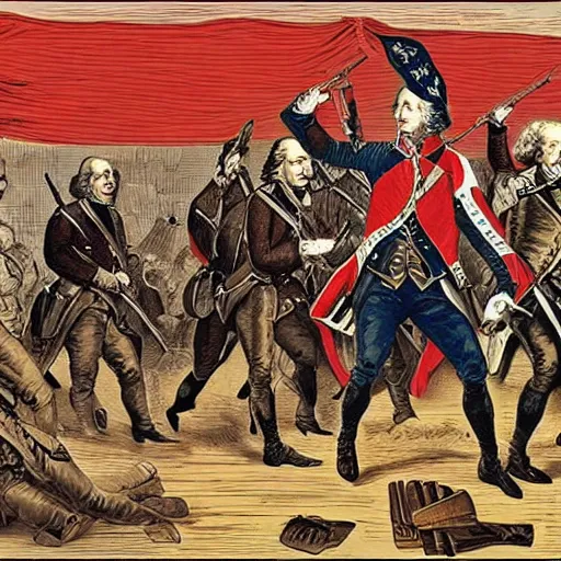 Prompt: joe rogan, george washington, keanu reeves, with ak 4 7 and ar 1 5 s fighting against the redcoats in the revolutionary war