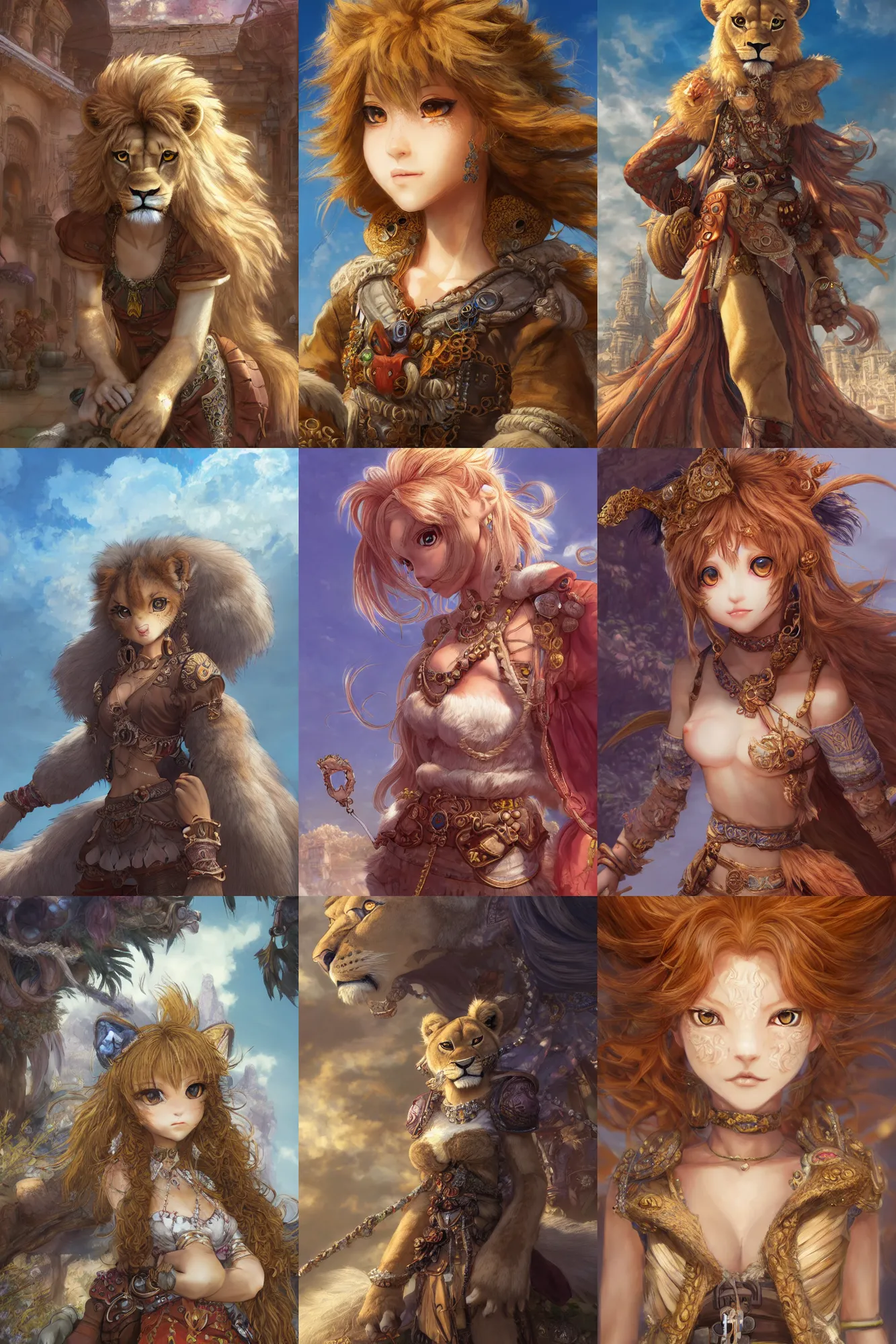 Prompt: furry art, character portrait of the anthro lioness princess with gorgeous detailed eyes in the marketplace in the sky, color page, tankoban, 4 k, tone mapping, doll, akihiko yoshida, james jean andrei riabovitchev marc simonetti, yoshitaka amano, long hair, curly, h. hydrochaeris