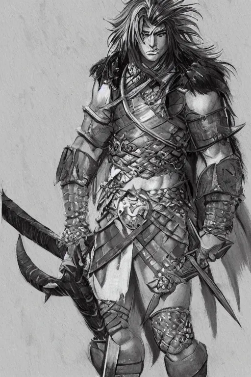 Prompt: A realistic anime portrait of a young handsome male barbarian with long wild hair, intricate fantasy spear, plated armor, D&D, dungeons and dragons, tabletop role playing game, rpg, jrpg, digital painting, by Frank Frazetta, concept art, highly detailed, promotional art, HD, digtial painting, trending on ArtStation, golden ratio, rule of thirds, SFW version