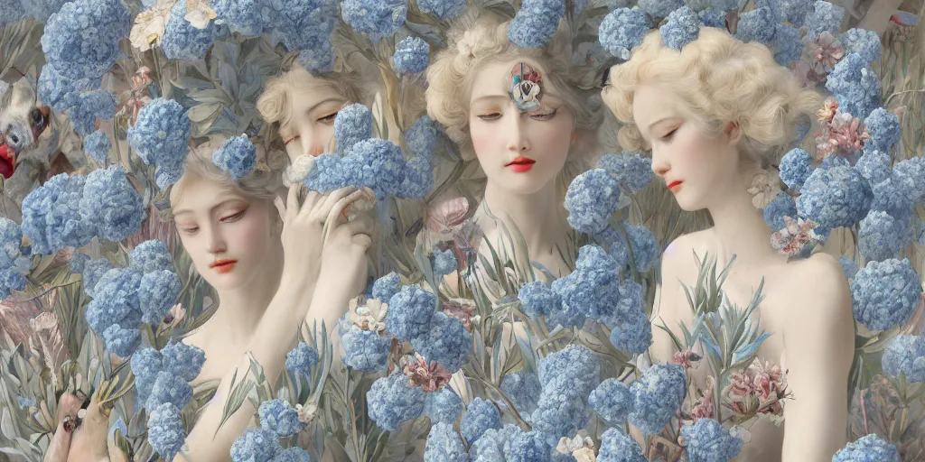 Image similar to breathtaking detailed concept art painting art deco pattern of blonde faces goddesses amalmation light - blue flowers with anxious piercing eyes and blend of flowers and birds, by hsiao - ron cheng and john james audubon, bizarre compositions, exquisite detail, extremely moody lighting, 8 k