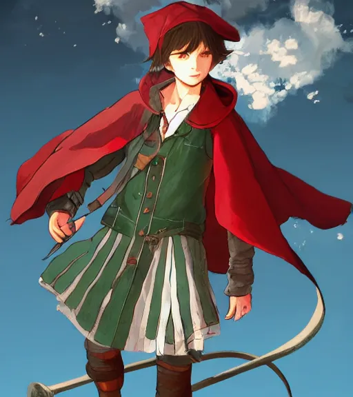 Prompt: attractive little boy character inspired in little red riding hood and venti from genshi impact, digital artwork made by akihiko yoshida and makoto shinkai