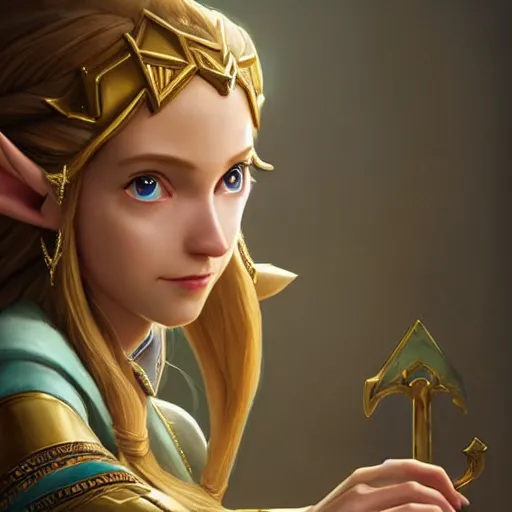 Prompt: Princess Zelda, sitting at a desk, close-up shot, elegant, realistic character concept, high fantasy, light atmosphere, golden ratio, cinematic lighting, hyperdetailed, high resolution, insanely detailed and intricate, artstation, Marc Simonetti, Greg Rutkowski, octane render, 8k