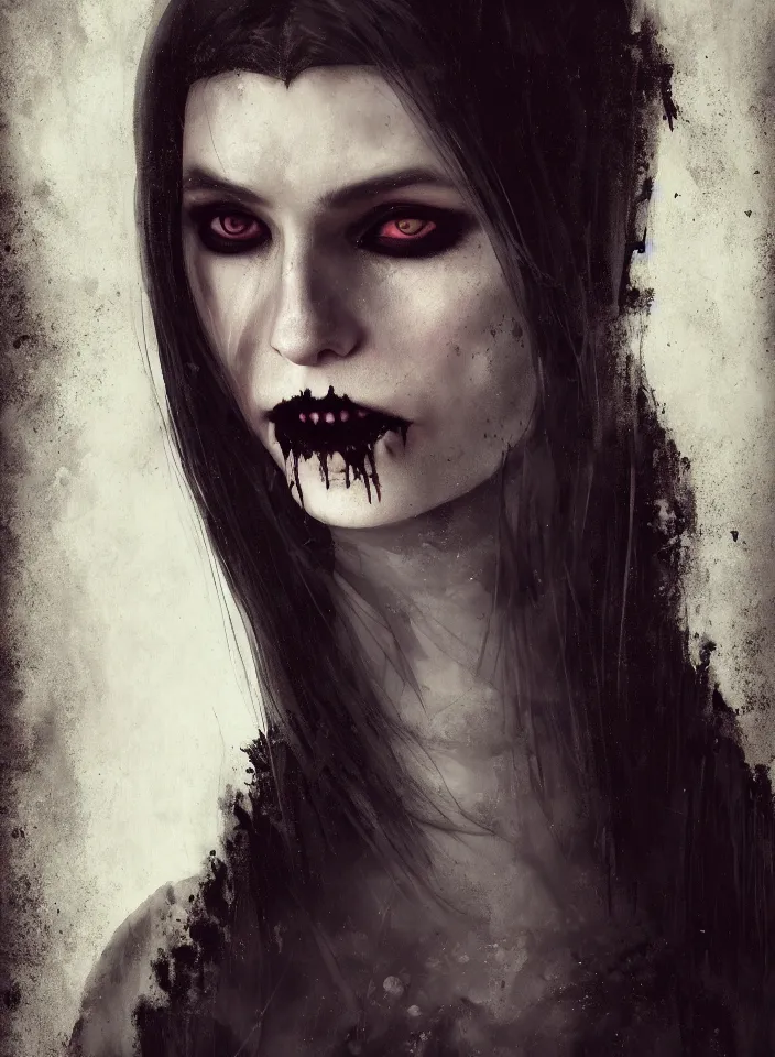 Image similar to a half portrait of a young female vampire wearing a gothic dress from skyrim, fantasy setting, beautiful face, dark colors, scary lighting, atmospheric, cinematic, moody, in the style of diego koi, gina heyer, luiz escanuela, art by alyssa monk, hyperrealism, rule of thirds, golden ratio, oil on canvas, 8 k