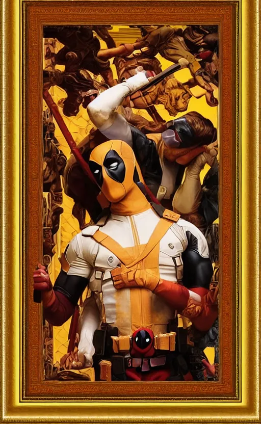 Image similar to deadpool portrait photography masterpiece, perfectly poised, foreshortening, brown hair fringe, yellow ochre ornate medieval dress, frederic leighton, background by william morris and kilian eng, framed, 4 k