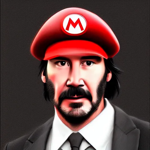 Image similar to keanu reeves dressed as mario , digital art , hyperdetailed , trending on artstation , matte painting , CGSociety , pinterest