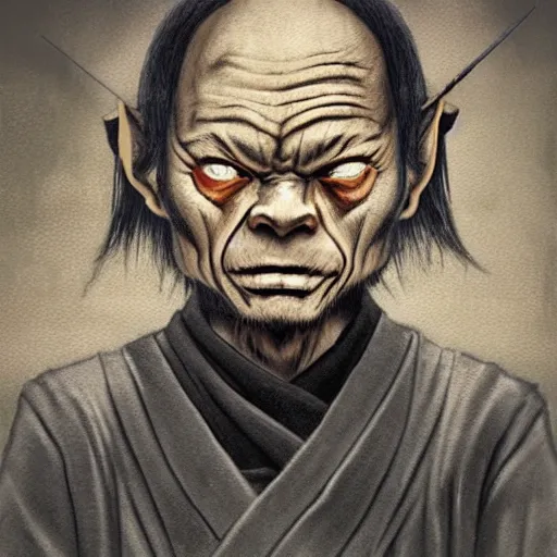 Prompt: samurai with gollum face, winter, snow, depressed, dark