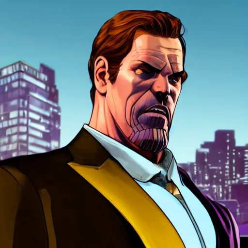 Prompt: Thanos wearing a business suit in GTA V, cover art by Stephen Bliss, boxart, loading screen