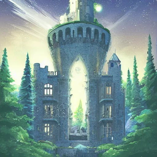 Prompt: a renaissance castle in a forest with a glowing night sky, upward angle, by ross tran