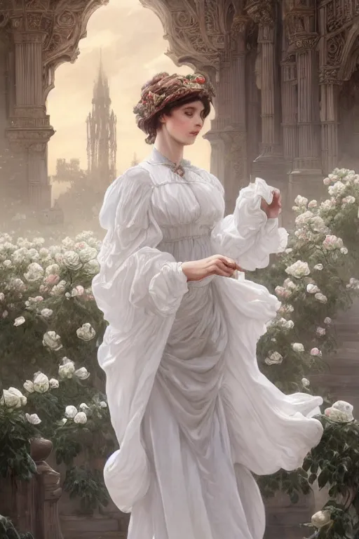 Prompt: woman dressed in a vaporous wrapped large victorian white roses semi transparent silk rose dress fashion, renaissance panorama behind her,D&D, fantasy, intricate, elegant, highly detailed, digital painting, artstation, concept art, matte, sharp focus, illustration, art by Artgerm and Greg Rutkowski and Alphonse Mucha