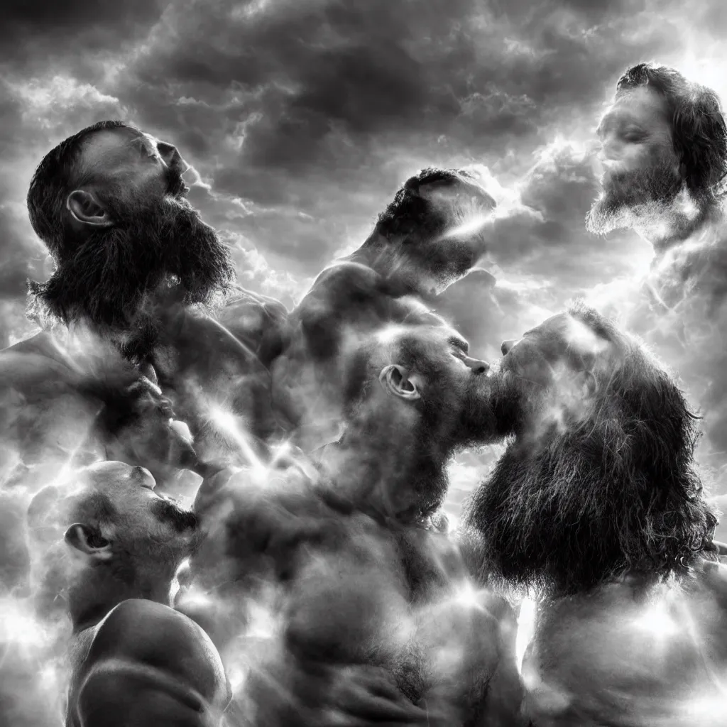 Prompt: hairy strongman angels kissing in the sky, photography, sunrays, clouds, high resolution, highly detailed, epic