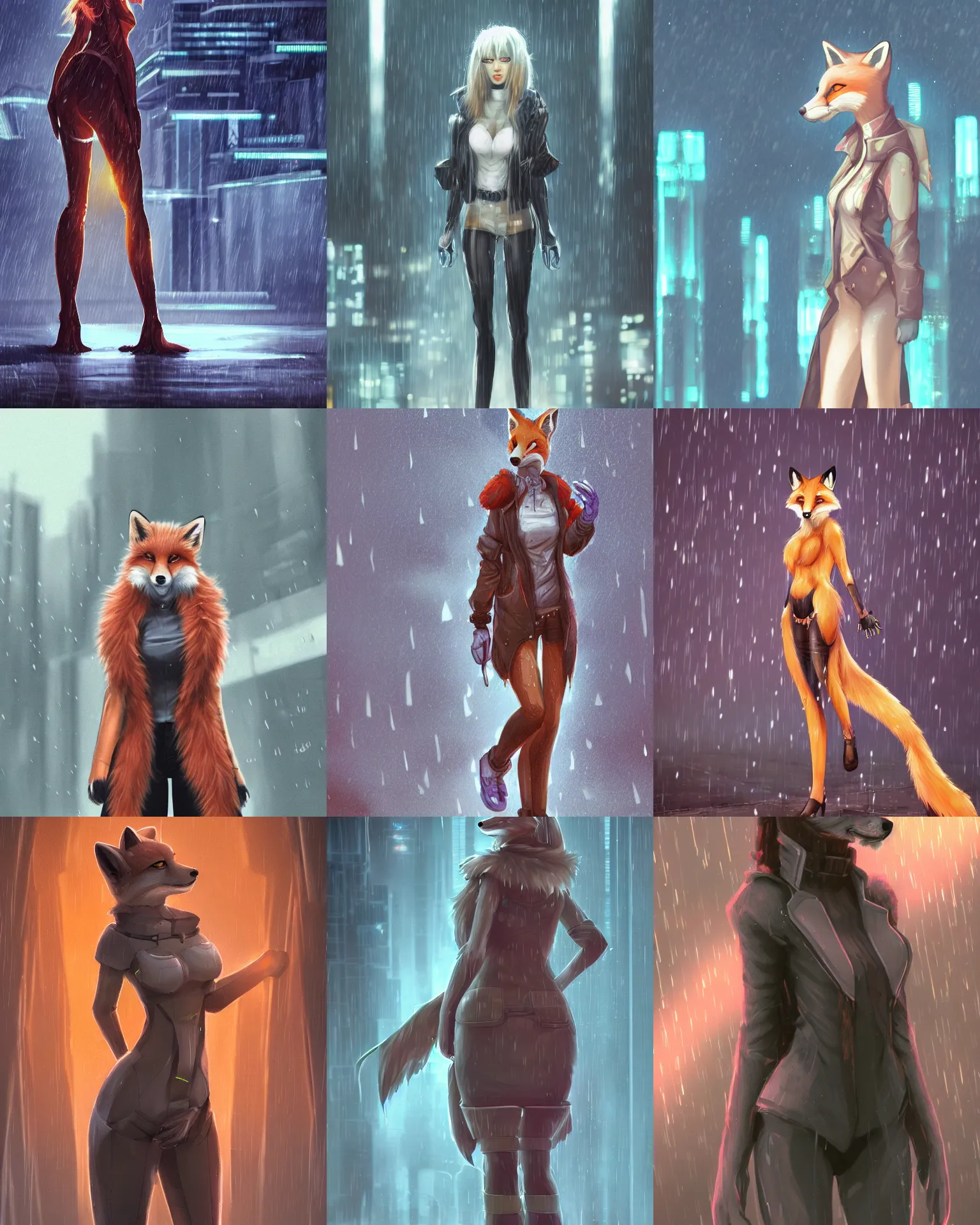 Prompt: a gorgeous female natural fox fursona, standing in a rainy futuristic plaza with massive pillars, trending on artstation, by kawacy, furry art, digital art, cyberpunk, high quality, backlighting, cinematic