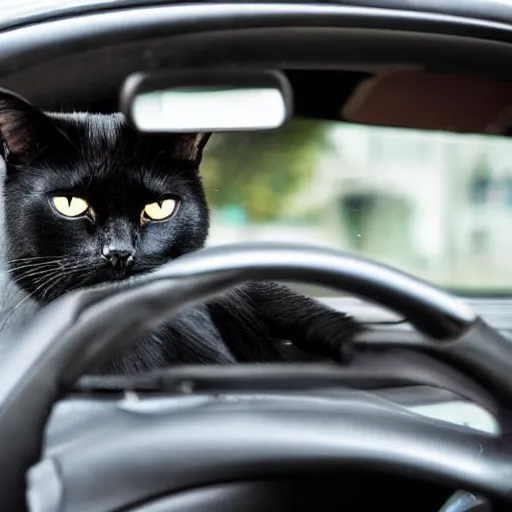 Image similar to A sad black cat driving his car to work, award-winning photograph, highly detailed, gloomy, washed out colors, the car is a Toyota prius, depressive