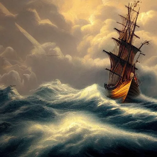 Image similar to sea storm, whirlpool!, epic painting, wooden ship, highly detailed, hd, deep colors, artstation, dark painting