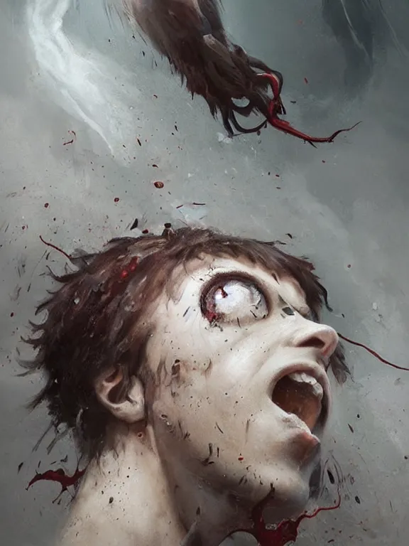 Image similar to painting by greg rutkowski of a flying sorrowful looking human head with tears running down it's eyes, face that is chalk white in color, with long sprawling white tentacles stemming down it's neck, fiery scorching red eyes, flying in a terrying hellish dark cavernous place