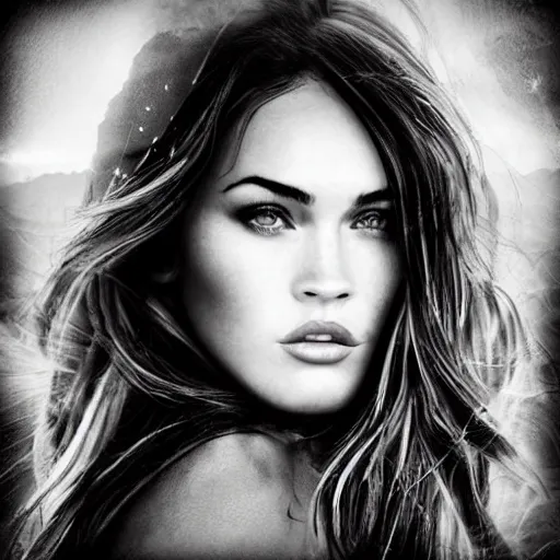 Image similar to double - exposure effect of megan fox face blended with beautiful mountains, in the style of dan mountford, amazing detail, black and white