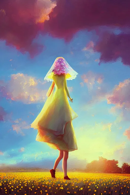Image similar to giant daisy flower head, girl with veil walking in a flower field, surreal photography, sunrise, dramatic light, impressionist painting, colorful clouds, digital painting, artstation, simon stalenhag