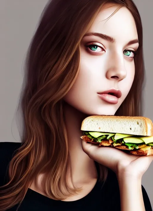 Prompt: a gorgeous female photo, professionally retouched, soft lighting, holding a subway sandwich, realistic, smooth face, perfect eyes, wide angle, sharp focus on eyes, 8 k high definition, insanely detailed, intricate, elegant, art by artgerm and wlop