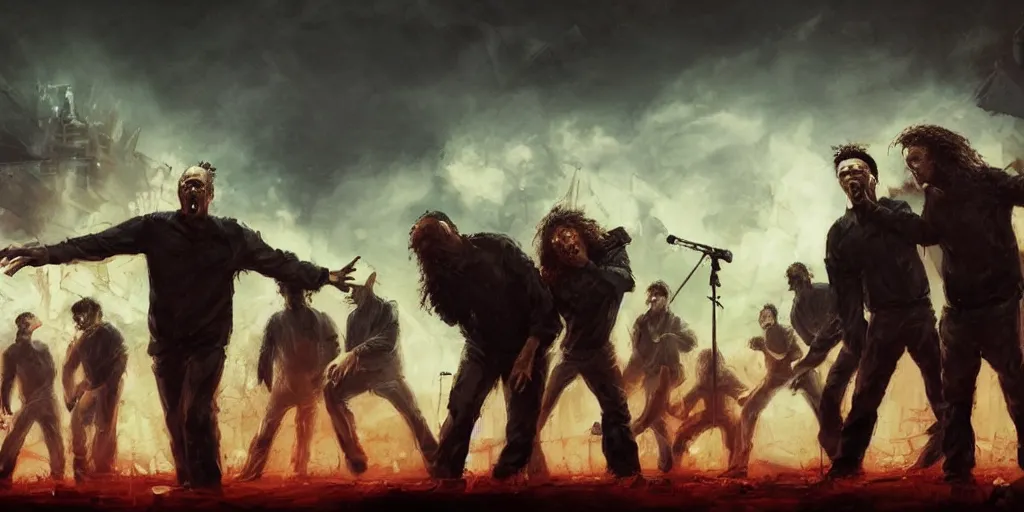 Image similar to concept art, of [ rage against the machine ] band memebers on a stage, front shot!!! humans fighting with robots behind!!, detailed, dark concept art, dark skies painting by wlop, nixeu and greg rutkowski, beautiful, semirealism, artstation, octane render, oil painting, sharpness, 8 k, golden ratio