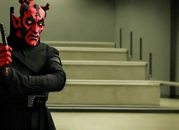 Prompt: film still of Darth Maul working as a high school teacher in the new Star Wars movie, 4k