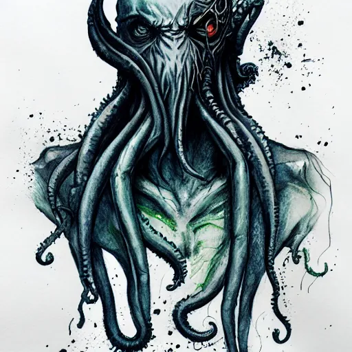 Prompt: cthulhu with a human body walks through the streets of london. sigma 85mm f/1.4. by Agnes Cecile but in watercolor and pencil