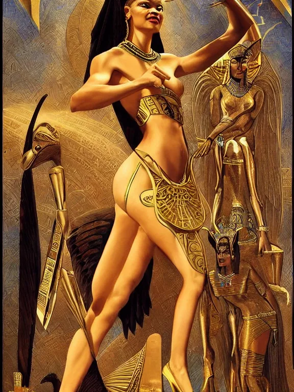 Image similar to zendaya as the Egyptian goddess Anubis the scales of life and death, a beautiful art nouveau portrait by Gil elvgren, Nile river environment , centered composition, defined features, golden ratio, gold jewelry