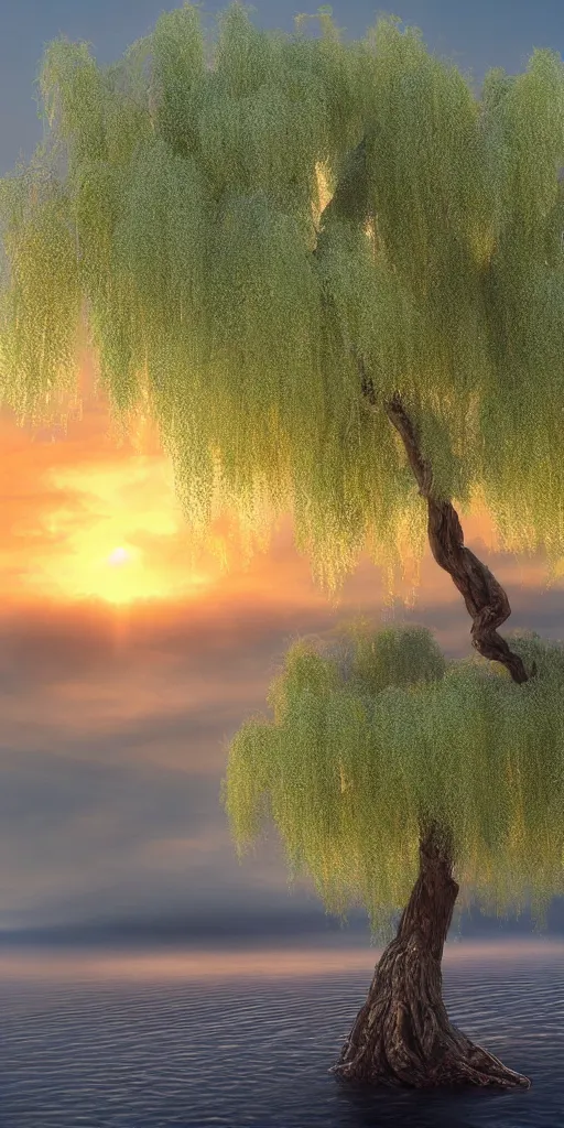 Image similar to featured on artstation majestic willow tree overlooking swirling river at sunset, beautiful image stylized digital art