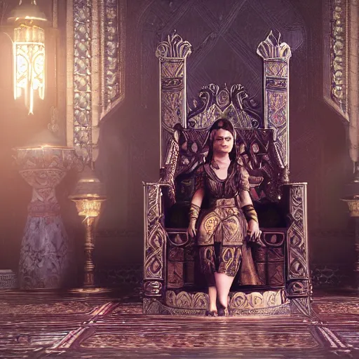 Image similar to the elder scrolls vi, charismatic!!! regal!!! brunette female jarl, portrait, throne room, atmospheric lighting, painted, intricate, volumetric lighting, beautiful, daytime, sunny weather, slight overcast, sharp focus, deep colours, ultra detailed, by leesha hannigan, ross tran, thierry doizon, kai carpenter, ignacio fernandez rios