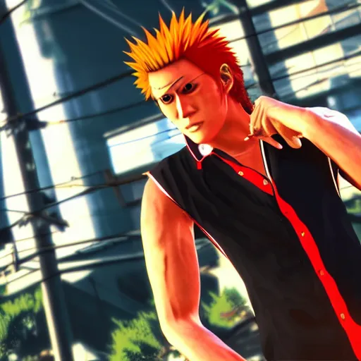 Prompt: Screenshot of Ichigo Kurosaki in the game GTA V, highly detailed