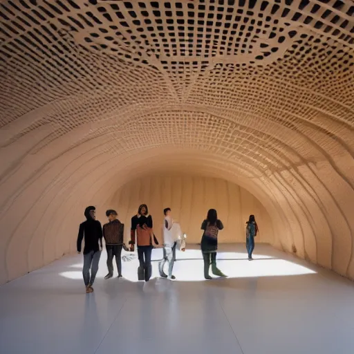 Prompt: indoor photo of a complex cultural building made of 3 d printed rammed earth, people walking