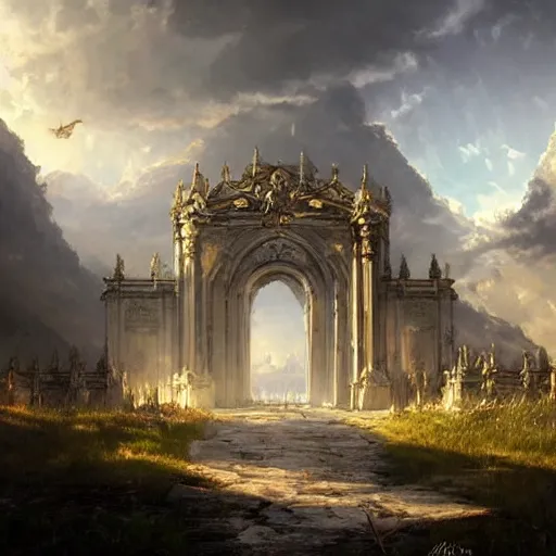 Prompt: the gates of heaven, hyper realistic, in the style of greg rutkowski, fantasy, amazing detail