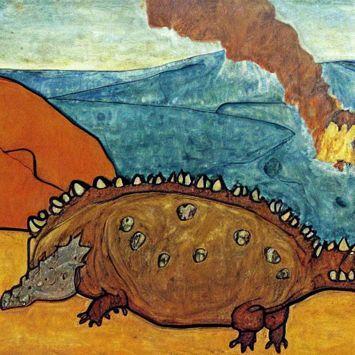 Image similar to painting of an ankylosaurus watching an erupting volcano in the style of egon schiele