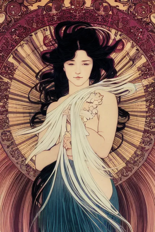 Image similar to magnum opus portrait professional photograph female holding white hair glowing, blush, pleated skirt, flowing hair, slim face, elegant, alphonse mucha, by yoichi hatakenaka, masamune shirow, josan gonzales and dan mumford, ayami kojima, takato yamamoto, barclay shaw, karol bak, yukito kishiro