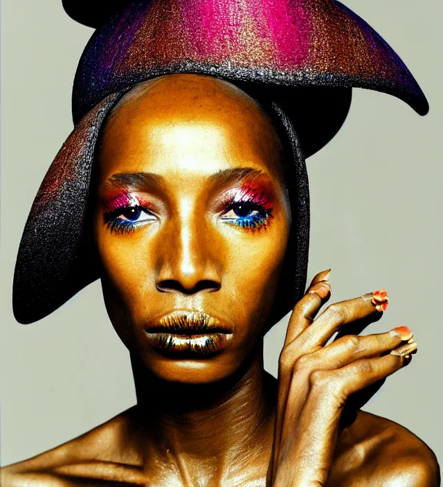 Prompt: photography facial portrait of naomi campell, natural background, natural pose, wearing a stunning hat by iris van herpen, with a colorfull makeup. highly detailed, skin grain detail, photography by paolo roversi, nick knight, helmut newton, avedon, araki