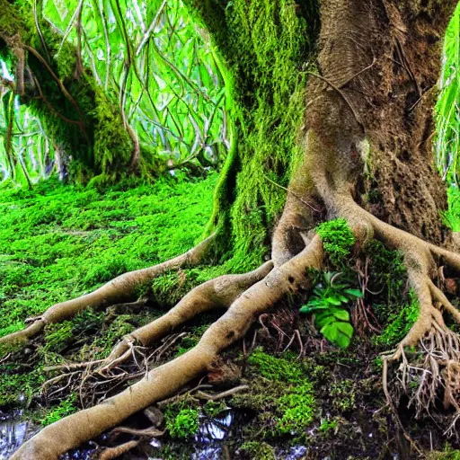 Image similar to mother nature emerging from the roots of a mangrove tree, mossy, roots, nature