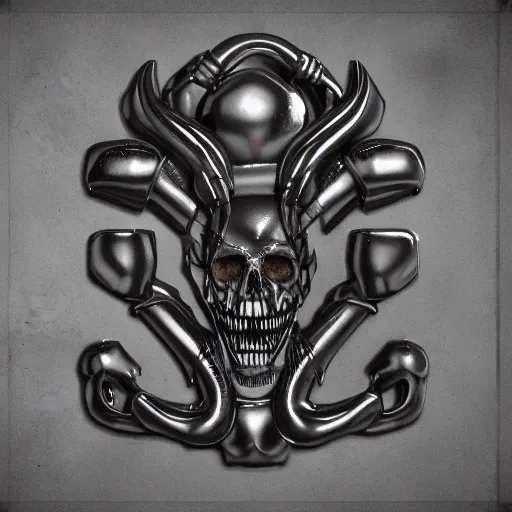 Prompt: 3d render of an old coat of arms with bones, skulls, xenomorphic skulls nerves and veins