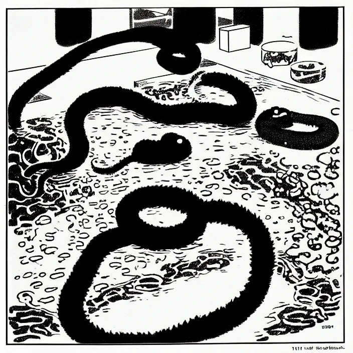 Image similar to a still frame from comic strip, black fluffy hairy snake in a fishtank 1 9 5 0, herluf bidstrup, new yorker illustration, monochrome contrast bw, lineart, manga, tadanori yokoo, simplified,