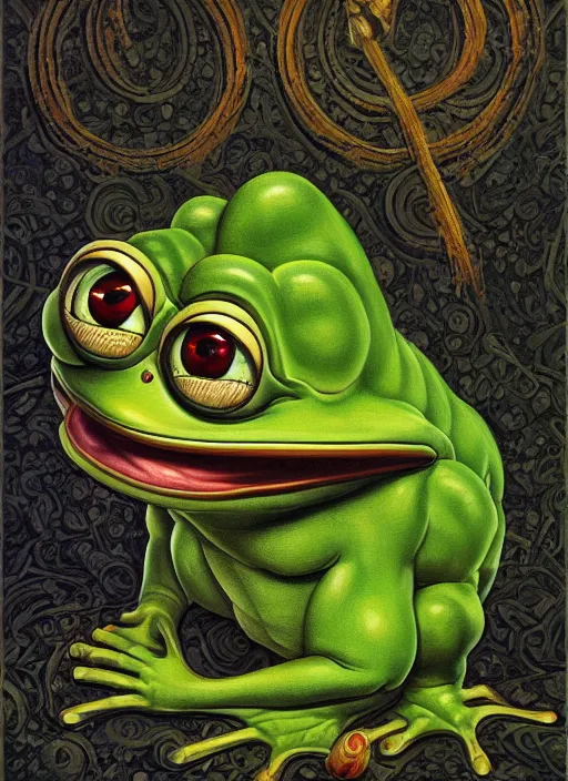 Image similar to portrait of Pepe the Frog, highly detailed, centered, solid color background, digital painting, artstation, concept art, smooth, sharp focus, vintage grainy 1970s illustration, Basil Gogos, donato giancola, Joseph Christian Leyendecker, Les Edwards, Ed Repka, Wayne Barlowe,