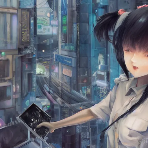 Image similar to dynamic composition, motion, ultra-detailed, incredibly detailed, a lot of details, amazing fine details and brush strokes, colorful and grayish palette, smooth, HD semirealistic anime CG concept art digital painting, watercolor oil painting of Clean and detailed post-cyberpunk sci-fi close-up schoolgirl in asian city in style of cytus and deemo, blue flame, relaxing, calm and mysterious vibes,, by a Chinese artist at ArtStation, by Huang Guangjian, Fenghua Zhong, Ruan Jia, Xin Jin and Wei Chang. Realistic artwork of a Chinese videogame, gradients, gentle an harmonic grayish colors. set in half-life 2, Matrix, GITS, Blade Runner, Neotokyo Source, Syndicate(2012), dynamic composition, beautiful with eerie vibes, very inspirational, very stylish, with gradients, surrealistic, dystopia, postapocalyptic vibes, depth of field, mist, rich cinematic atmosphere, perfect digital art, mystical journey in strange world