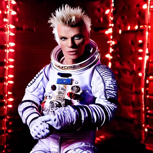 Prompt: uhd candid photo of cosmic billy idol wearing a spacesuit, glowing, global illumination, studio lighting, radiant light, detailed, correct face, elaborate intricate costume. photo by annie leibowitz