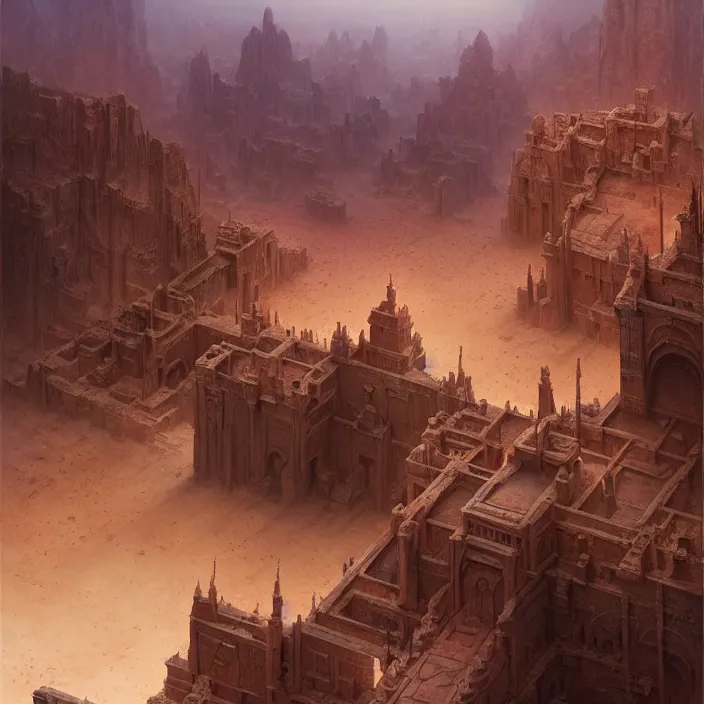 Image similar to matte painting by marc simonetti, jonathan solter, greg rutkowski of a desert temple, masterpiece, cinematic, hyperdetailed, photorealistic, hyperrealism, architecture, aerial view,